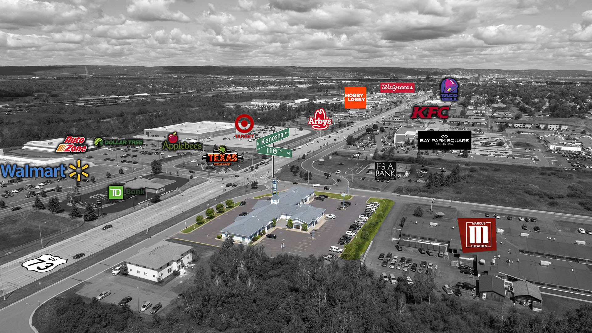 aerial photo with nearby business logos displayed