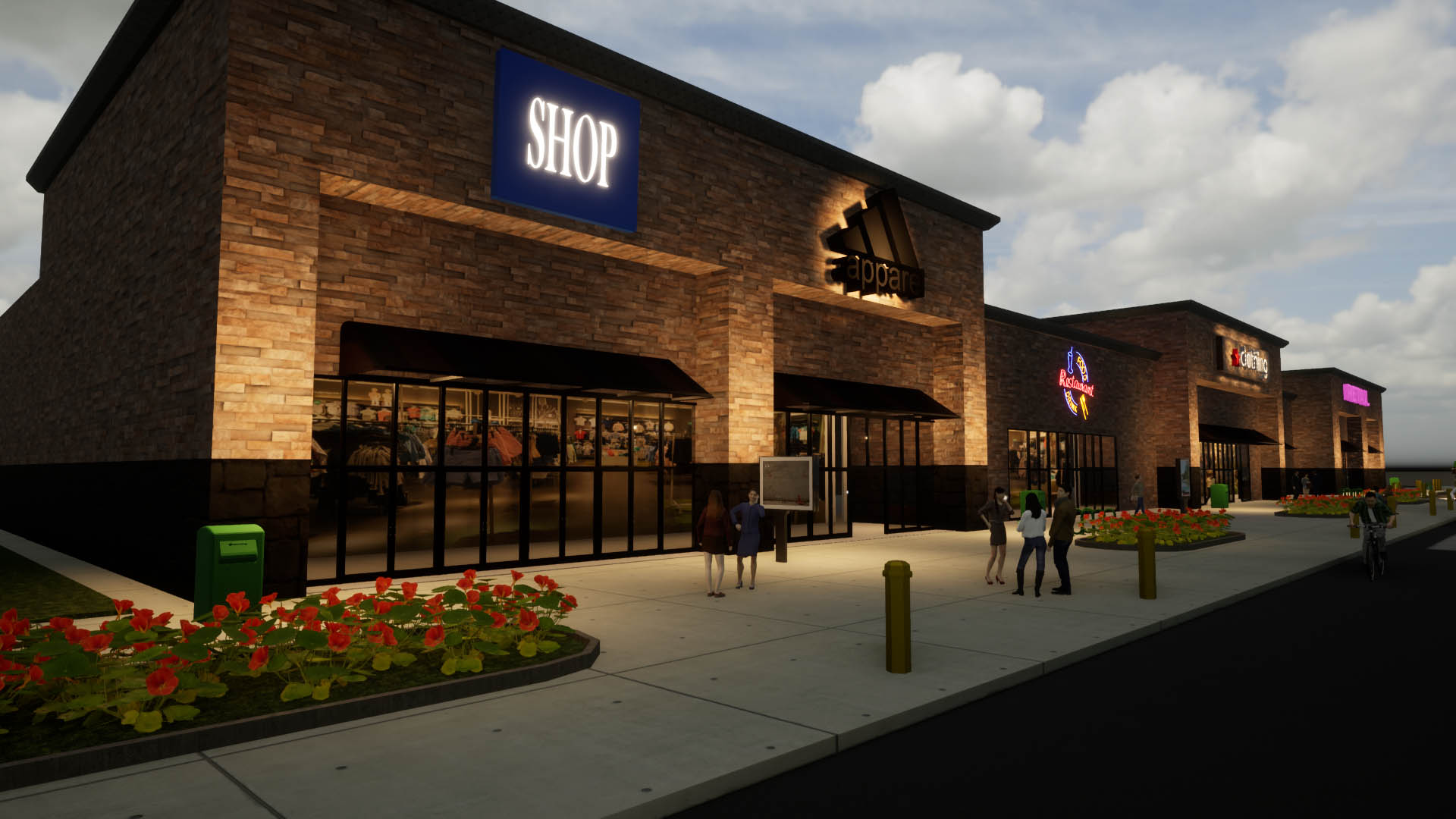 rendering of shopping center in the evening